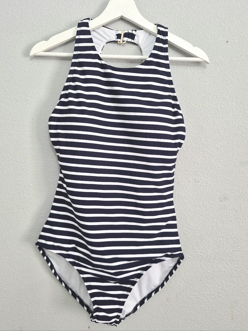Land's End Navy Stripe High Neck One Piece UPF50 Swimsuit Medium Like New